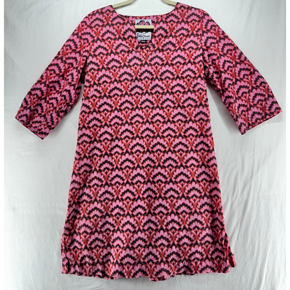 Lesley Evers Pink Red Geometric Shell Print V-Neck Shift Dress Medium